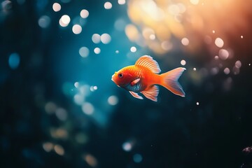 Single goldfish swimming in an aquarium, water background with bokeh lights