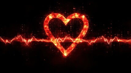 Wall Mural - A glowing heart symbol with a heartbeat line on a dark background.