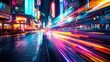 © fourtakig - Mesmerizing long-exposure image of a lively city street at night with blurred multicolored lights streaking by suggesting the energy and excitement of an urban nightlife
