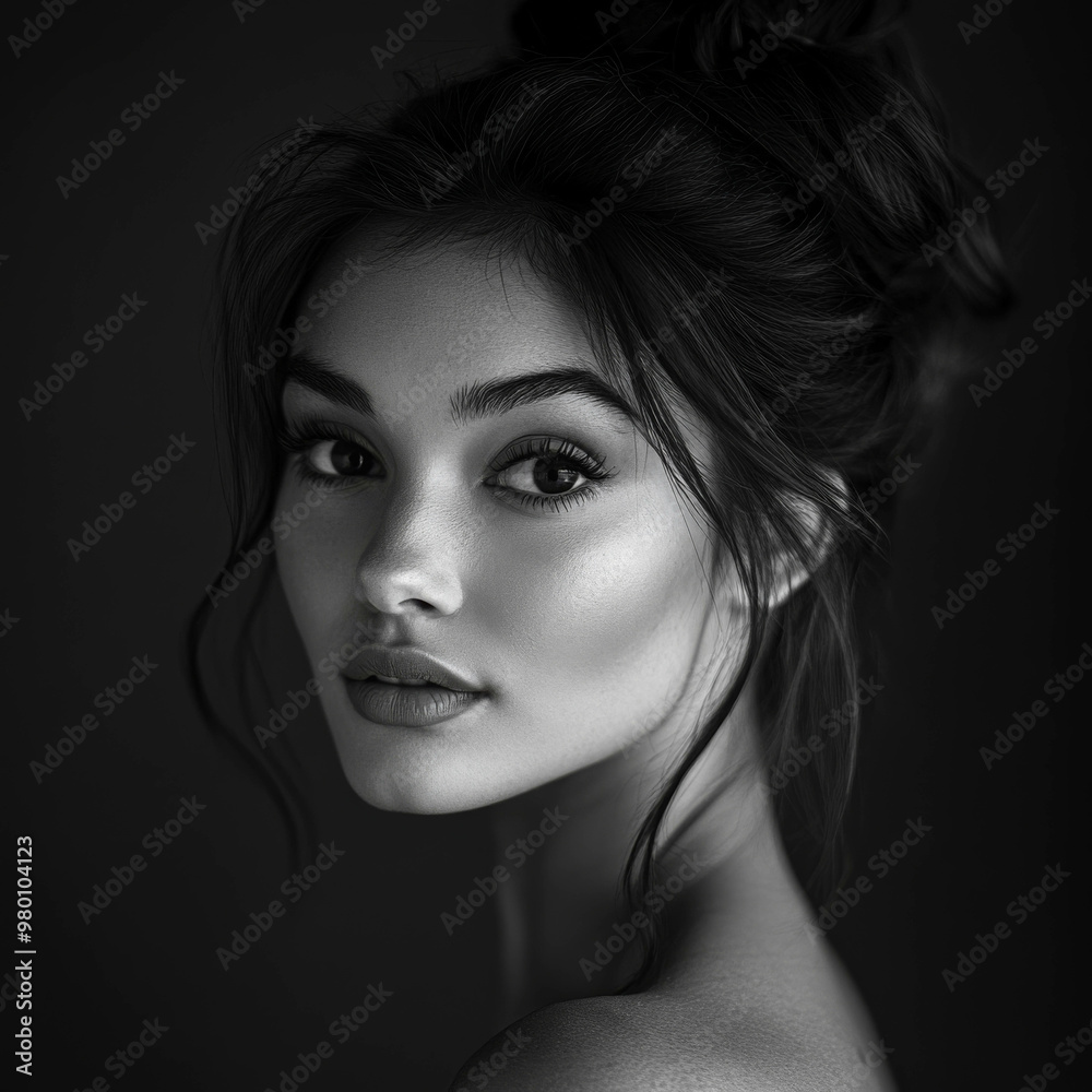 Black and white portrait of a beautiful woman with dark hair, perfect ...