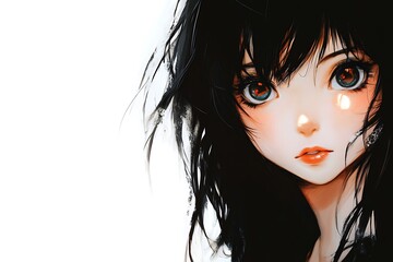 Wall Mural - Anime girl with black hair and big brown eyes looking at the camera on white background