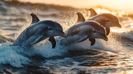 Wall Mural - Dolphins Jumping at Sunset