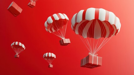 Poster - A Box flying on a parachute on red background,vector illustration of package flying down from sky and cloud with parachute,concept for delivery service,shopping online,air delivery service.