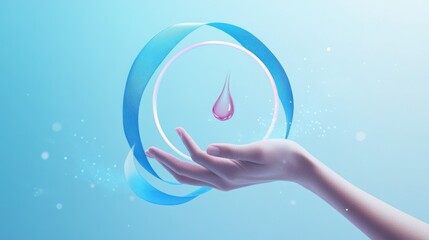 Wall Mural - Drop of blood pink above hand surrounded by blue ribbon on light background.diabetes awareness, healthcare and importance of blood sugar control.world diabetes day and healthy lifestyle promotion.AI