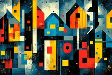 Poster - Abstract Geometric Cityscape with Vibrant Colors and Textures