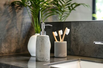 Bathroom interior with soap dispenser and toothbrushes