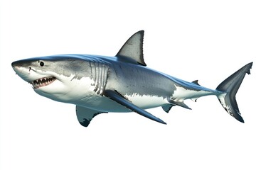 Wall Mural - great white shark - Carcharodon carcharias - full view while swimming, face and teeth visible isolated on white background all fins and gills showing, ai