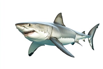 Wall Mural - great white shark - Carcharodon carcharias - full view while swimming, face and teeth visible isolated on white background all fins and gills showing, ai