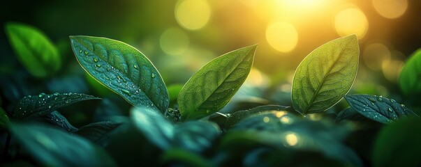 Canvas Print - Green Leaf Dew Drops with Sunbeams