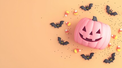 Wall Mural - Flat lay illustration with spooky pink jack-o-lantern 3D toy; candy corn on orange backdrop