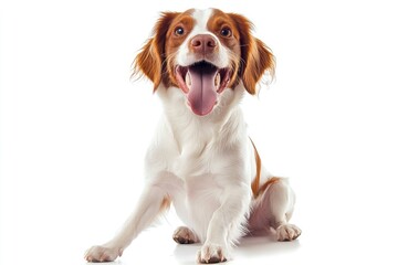 Wall Mural - Happy brittany spaniel dog panting and sitting on a white background, ai