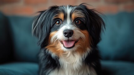 A happy dog sitting on a couch, showcasing its playful expression.