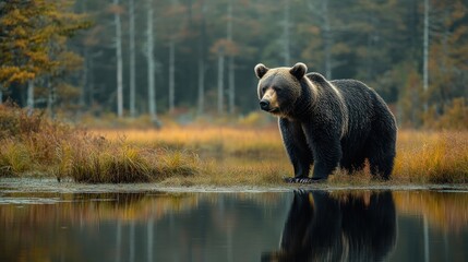 Poster - A Brown Bear Stands By a Lake