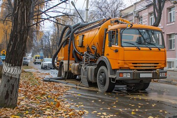 Cleaning the sewer system truck on the street in the city