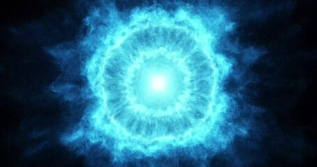 Poster - Glowing blue particles pulsating from the center, expanding into plasma-like rings. The particles create a cosmic, futuristic energy surge, radiating in rhythmic waves,  seamless loop