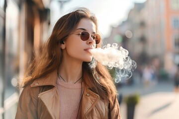 A stylish woman enjoys her disposable vape pen outdoors on a sunny day, showcasing a relaxed vibe and trendy fashion