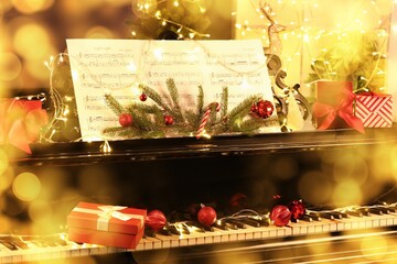 Poster - Christmas balls and gifts on piano