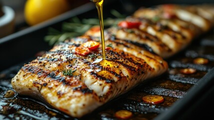 Wall Mural - Grilled fish fillets drizzled with oil and garnished with herbs.