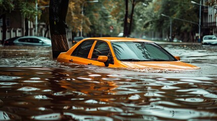 Photo of a car in water after heavy rain and flood