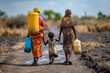 © InfiniteStudio - A mother and child walking along a dusty path in Africa while carrying containers for water and food amidst the challenges of poverty