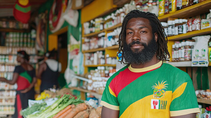 a Rastafarian food market with various natural and organic products