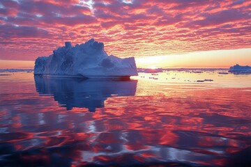 Wall Mural - A large iceberg reflects the fiery sunset in the arctic waters.