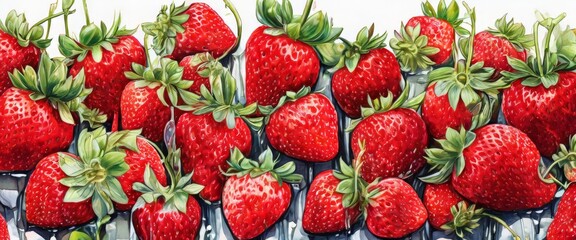 Wall Mural - A close-up image of fresh, ripe strawberries with vibrant red hues and lush green leaves. The strawberries are displayed in a way that emphasizes their juicy texture and natural beauty, making it