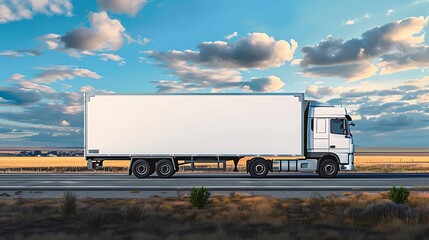 White truck on the road with blue sky and clouds