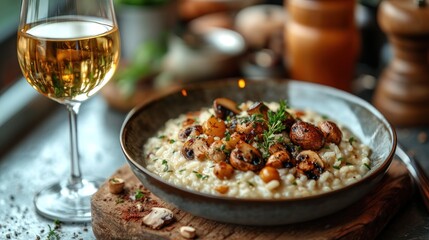 Wall Mural - A gourmet dish of risotto topped with mushrooms and herbs, paired with wine.