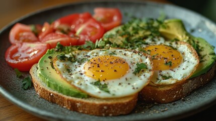 Breakfast plate featuring eggs, avocado, and tomatoes.