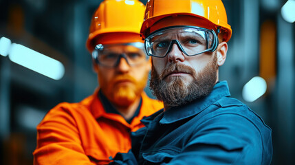 High quality image of two engineers wearing safety helmets and goggles, focused on their work.