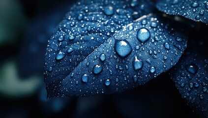 Canvas Print - Dew Drops on Blue Leaves