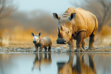 Wall Mural - White Rhino Family by the Water