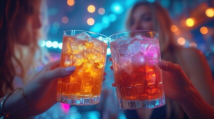 Cheers! Two Friends Celebrate with Drinks in a Neon Bar