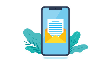 Leinwandbilder - Illustration in flat design style. On the phone screen there is an open email envelope with a document. Modern phone. Behind the phone in the background are plants. 