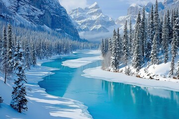 Wall Mural - A winding blue river through a snowy mountain landscape