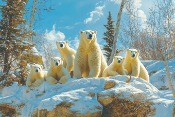 A Family of Polar Bears Resting on a Snowy Rocky Ridge