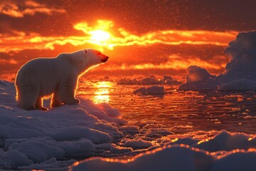 Polar Bear Standing on Ice Floe at Sunset