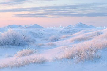 Wall Mural - Frosty Grass and Snow-Covered Hills Under a Pastel Sky