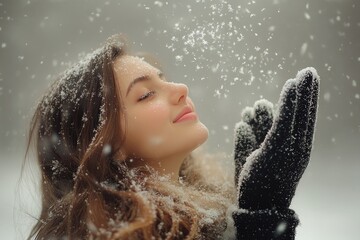 Wall Mural - Woman Enjoying Winter Snowfall