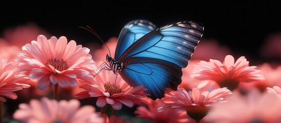 Canvas Print - Blue Morpho Butterfly on Pink Flowers