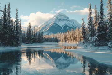 Wall Mural - Snowy Mountain Peak Reflected in a Frozen River