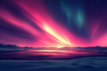 Wall Mural - A Starry Night with a Pink and Teal Aurora Borealis over a Snow Covered Landscape