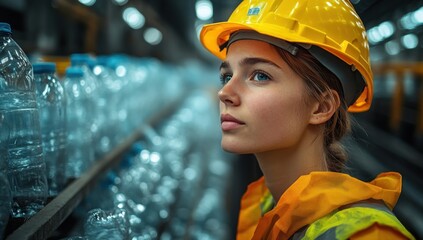 Young woman in hardhat and safety vest standing in a factory