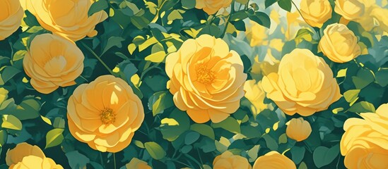 Poster - painting of vibrant yellow rose flowers surrounded by lush green leaves