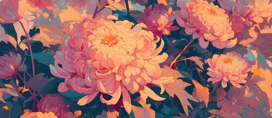 Wall Mural - Close up painting featuring stunning pink chrysanthemums as a backdrop