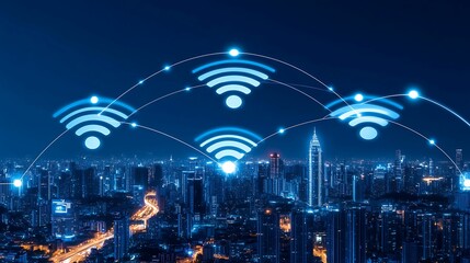 Futuristic Smart City Network with IoT Telecommunication Infrastructure Close-Up View for Copy Space, Technology Concept