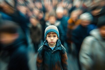 Wall Mural - a child stands alone in a blurred crowd, symbolizing feelings of isolation and being lost in the wor