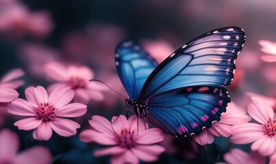 Wall Mural - Blue Morpho Butterfly on Pink Flowers