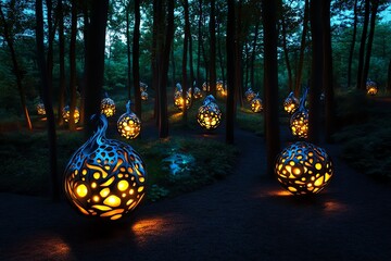 Poster - A magical forest at dusk, where glowing orbs of light hover among the trees, and mythical creatures emerge from the shadows
